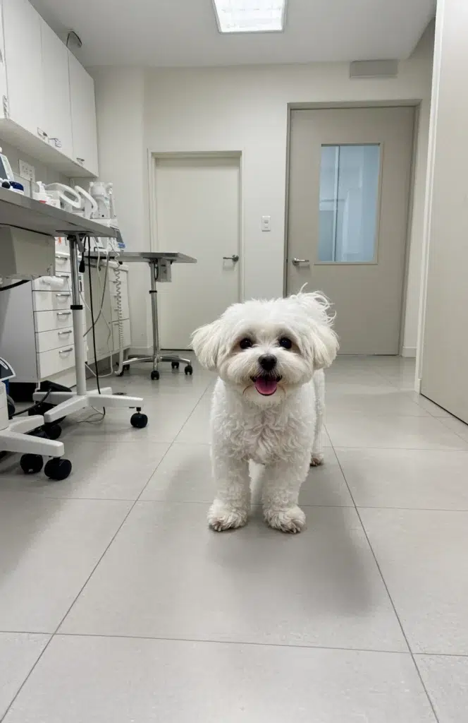 white dog smiling in a veterinary clinic