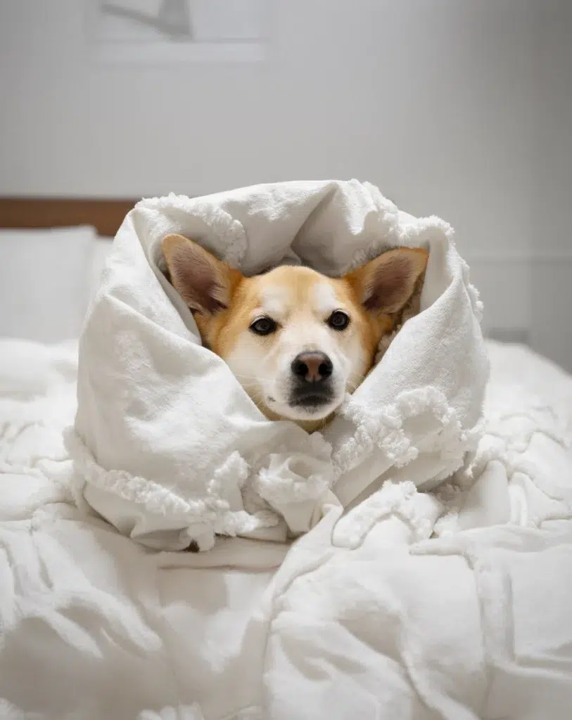 Sick dog in a bed