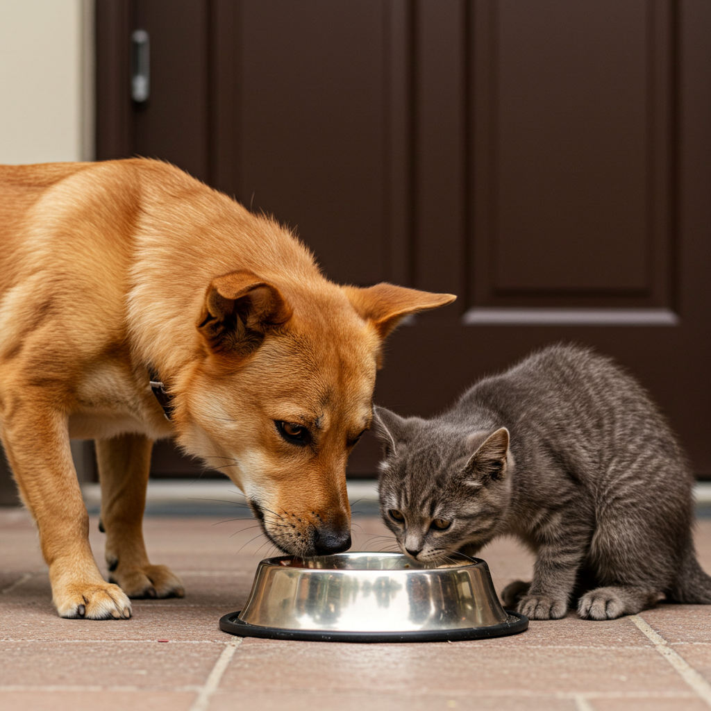 Dog and cat eating from the same bowl