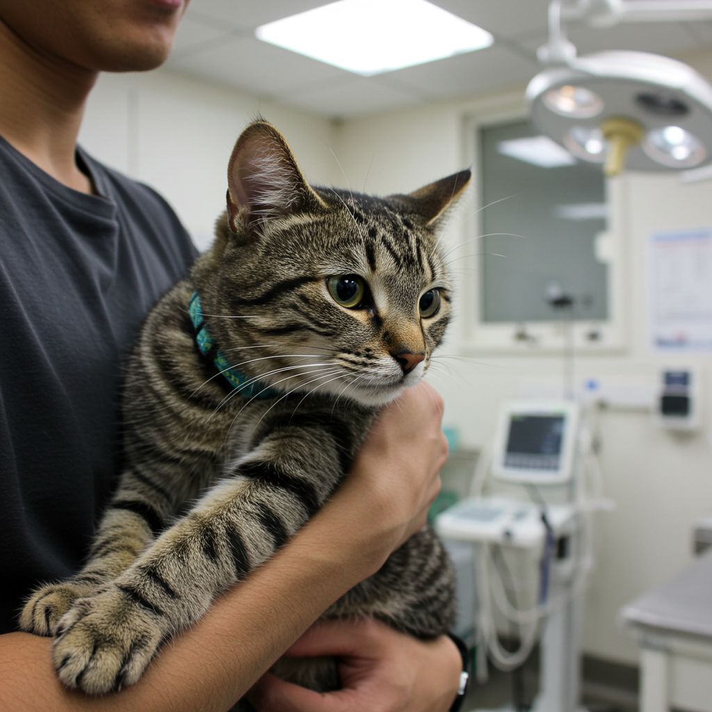 cat being held by its owner in a veterinary clinic