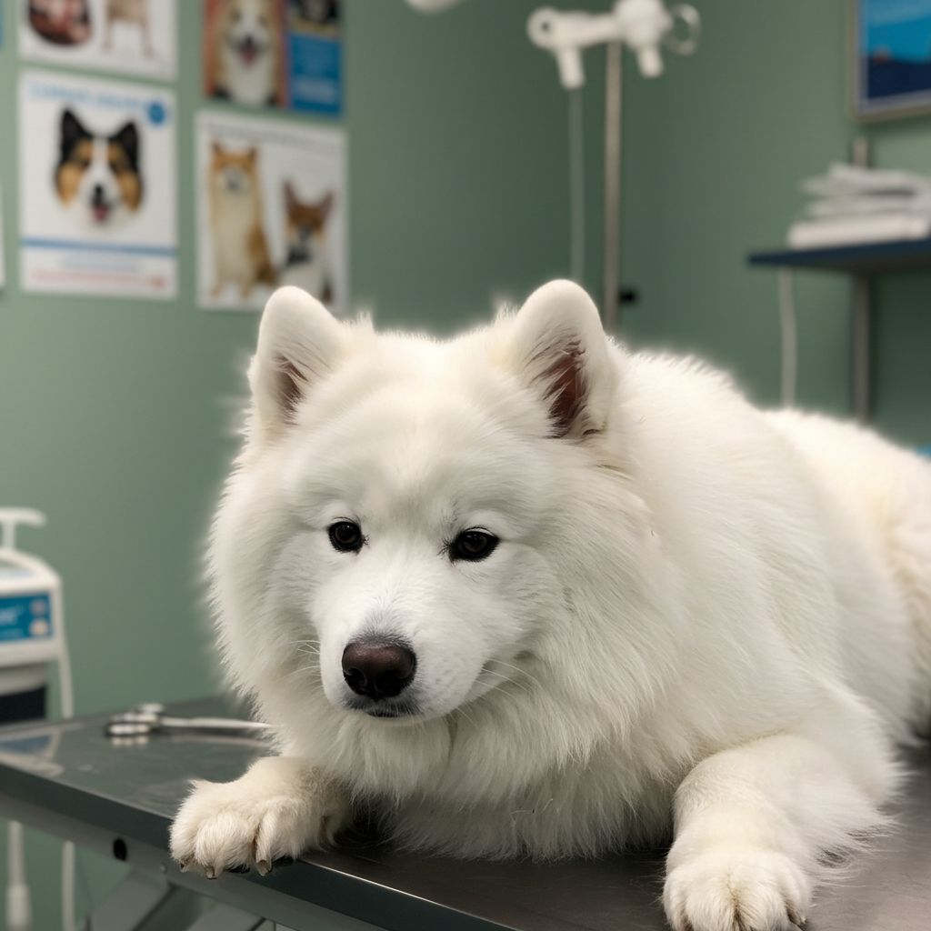 White samoyed dog in a veterinary clinic
