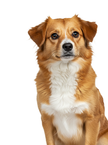 Medium-sized brown and white dog sitting upright