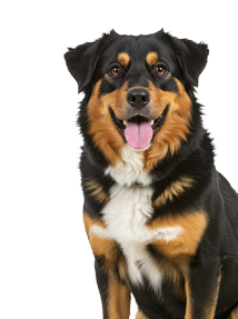 Black and tan dog with a happy expression, sitting and panting