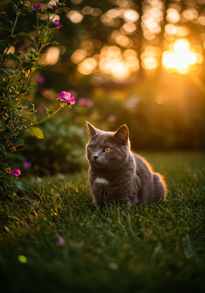 cat in a garden with the sunset behind