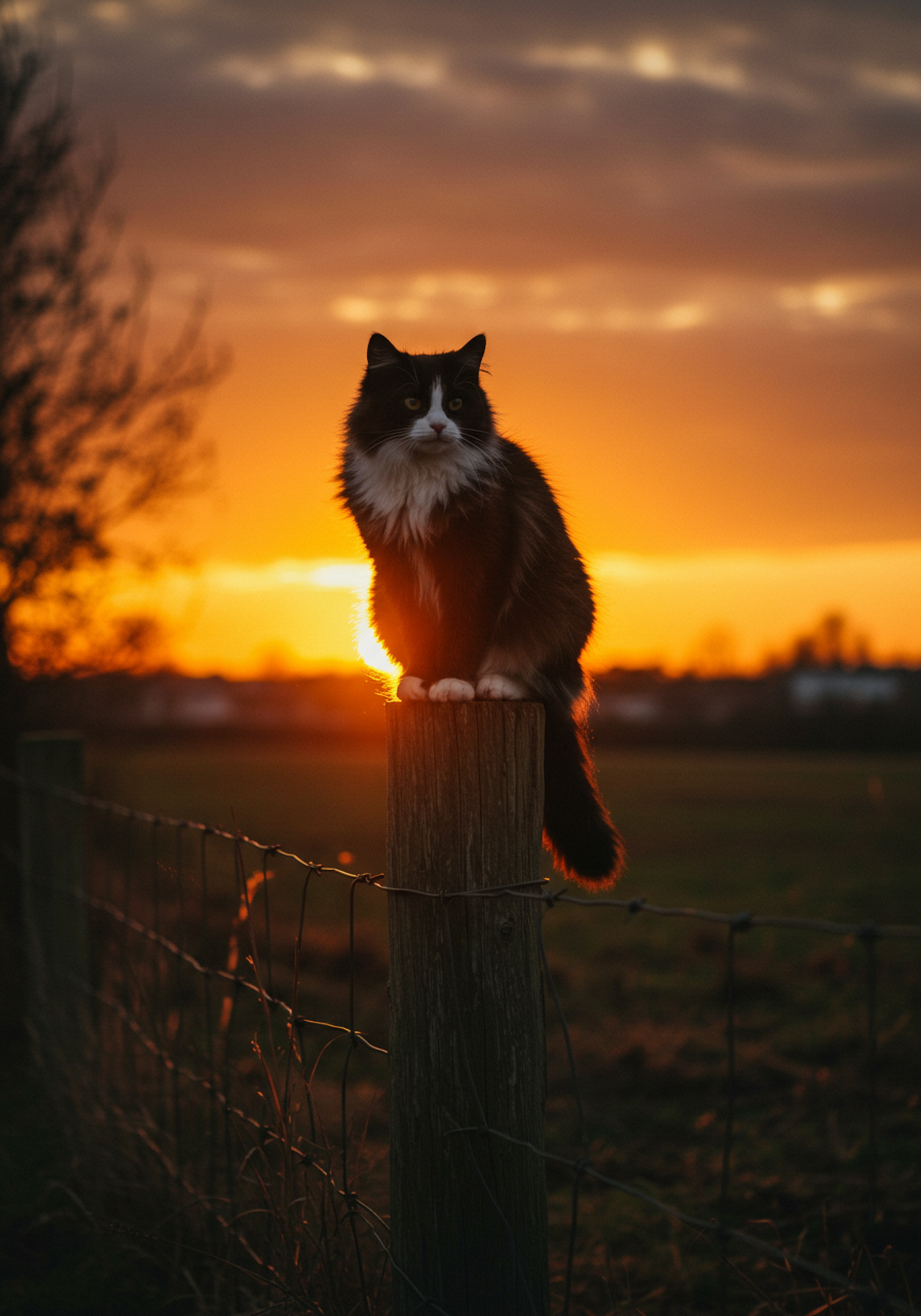 Black and white cat in the sunset